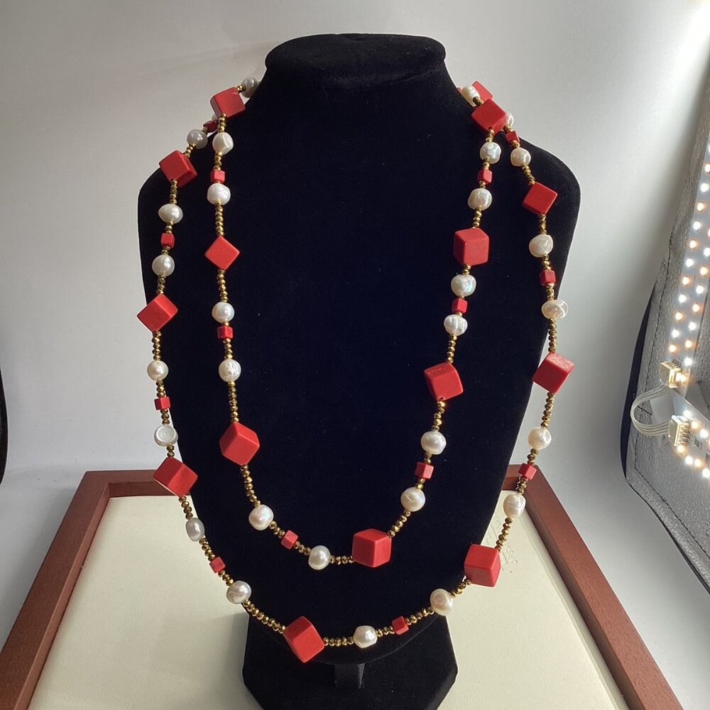 ✨ Handmade Freshwater Pearl & Red Coral Necklace – Gold Hematite Accents ✨